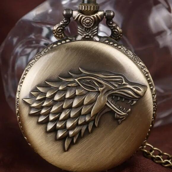 Game of Thrones Pocket Watch GOT House Stark Wolf Crest Bronze Christmas - NEW!! - Picture 1 of 5